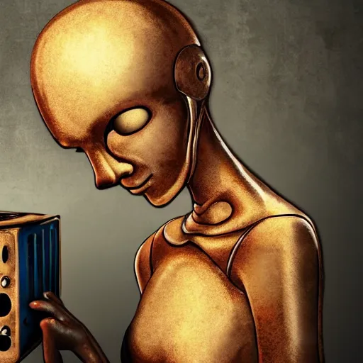 Prompt: a rusting female android holds a broken toaster in her arms