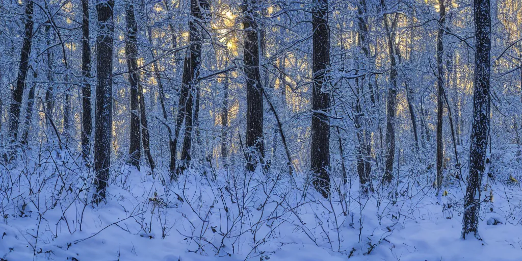 Prompt: forest covered in snow, golden hour, photorealistic, 4k,