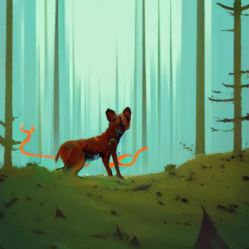 Prompt: grungy wild dog standing in a cedar forest, by anton fadeev and simon stalenhag, trending on art station