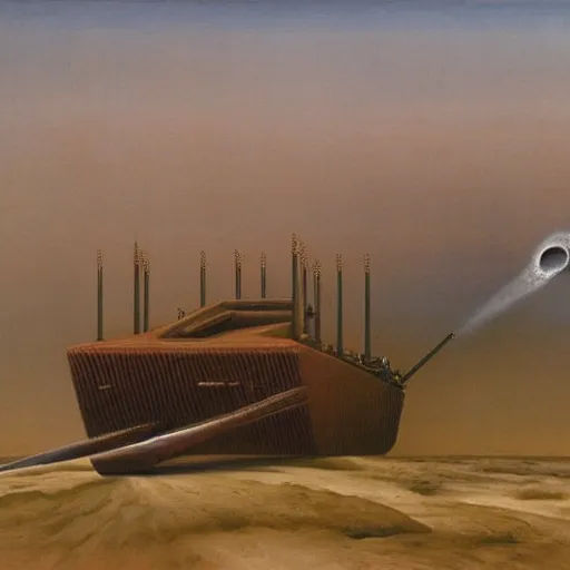 Image similar to naval cannon firing by Zdzisław Beksiński, oil on canvas