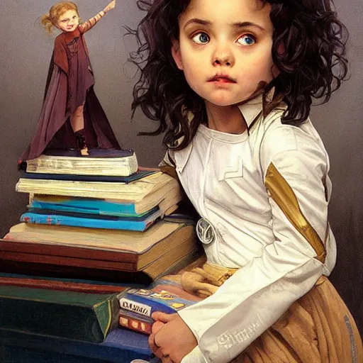 Image similar to a cute little girl with a mischievous face and short brown wavy curly hair sitting on top of a tall pile of books. she is dressed as an astronaut. well composed, clean elegant painting, beautiful detailed face. art by artgerm and greg rutkowski and ( alphonse mucha )