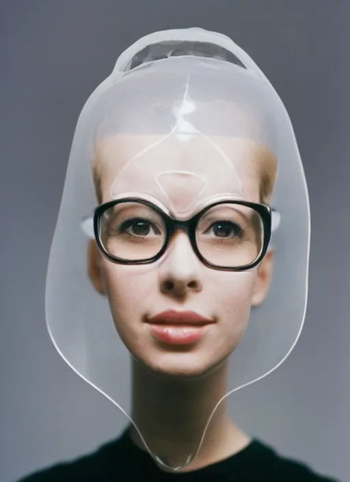 Image similar to a fashion portrait photograph of a woman wearing a transparent plastic mask designed by dieter rams, 3 5 mm, color film camera,