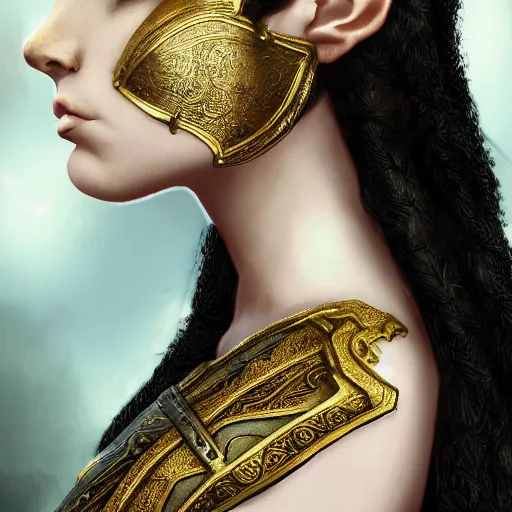 Image similar to side portrait of a female elven warrior, fantasy, head tilted down, black hair, gold armour, gold jewelry, white skin, detailed face, trending on artstation, gsociety, D&D, elegant, highly detailed, sophisticated, hyperrealistic, detailed illustration, smooth, sharp focus, upper body, intricate, rule of thirds, holy glow, backlit, hd 4k by Greg Rutkowski, Charlie Bowater, Karol Bak