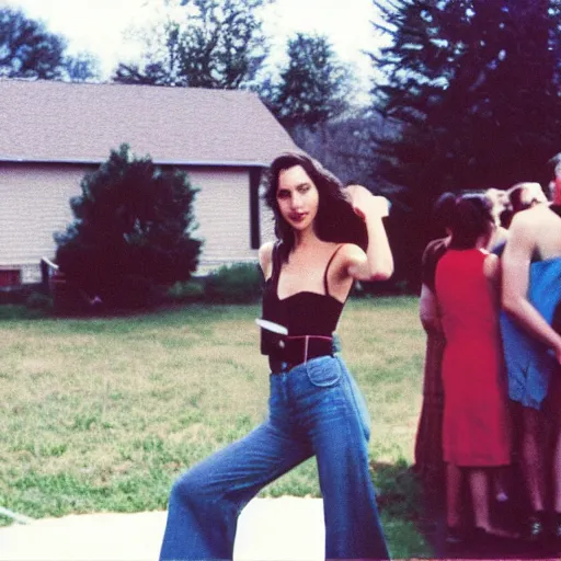 Prompt: a disposable camera picture of gal gadot in a small rural american suburb, kodak fling 2 0 0, 1 9 8 3