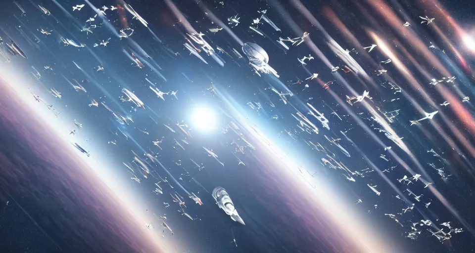 Prompt: a beautiful photograph of a fleet of passenger spaceships in formation migrating in outer space away from a dry brown planet, rectilinear, barometric projection, dutch angle from space view, concept art, high detail, intimidating, deep rich colors, iridescent radiance, epic scale ultrawide angle, stunning, epic, great migration, cinematic, Artstation trending, octane render, hyperrealistic, Cryengine 8k UHD