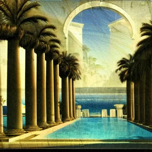 Image similar to Giant columns palace, thunderstorm, greek pool, beach and palm trees on the background major arcana sky, by paul delaroche, magazine photo from 2007, hyperrealistic 8k, very detailed