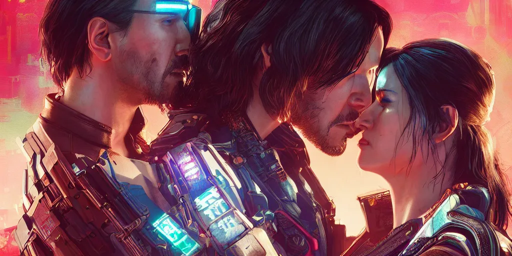 Prompt: a cyberpunk 2077 srcreenshot portrait of Keanu Reeves and V final kiss,love,film lighting,by Lawrence Alma-Tadema,Andrei Riabovitchev,Laurie Greasley,Dan Mumford,John Wick,Speed,Replicas,artstation,deviantart,FAN ART,full of color,Digital painting,face enhance,highly detailed,8K,octane,golden ratio,cinematic lighting