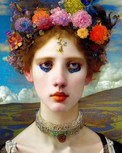 Image similar to a beautiful girl in the clouds wearing colourful face paint surrounded by colourful intricate patterns, by edgar maxence and caravaggio and michael whelan, intricate painting, hyper realistic, extremely detailed and beautiful aesthetic face, 8 k resolution