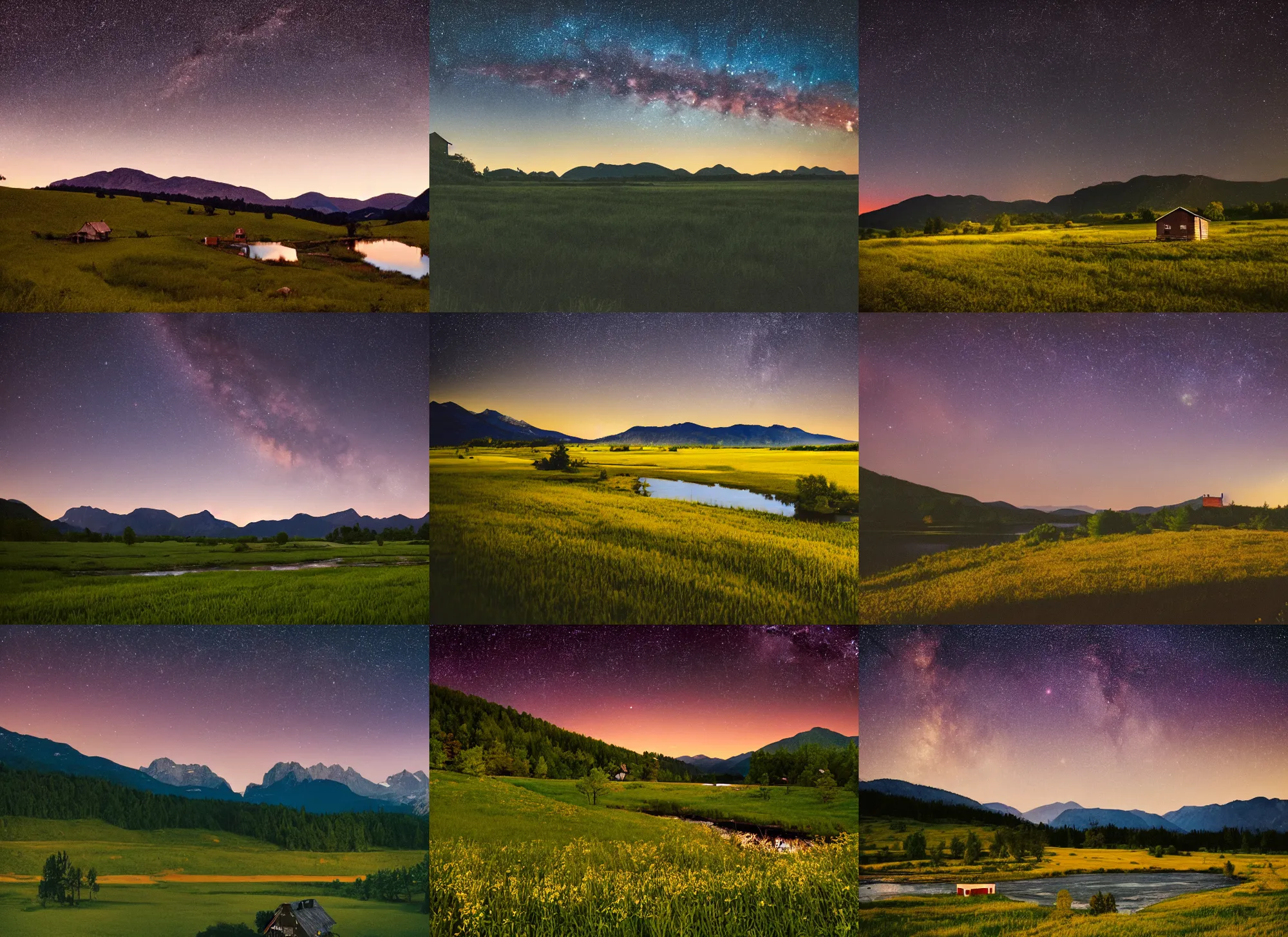 Prompt: still frame from a wes anderson movie of a meadow with a small farmhouse with a river and mountains, at dusk with the milky way stars, 1 6 mm f 1. 4 lens, nikkor, canon, sigma, award - winning landscape photography