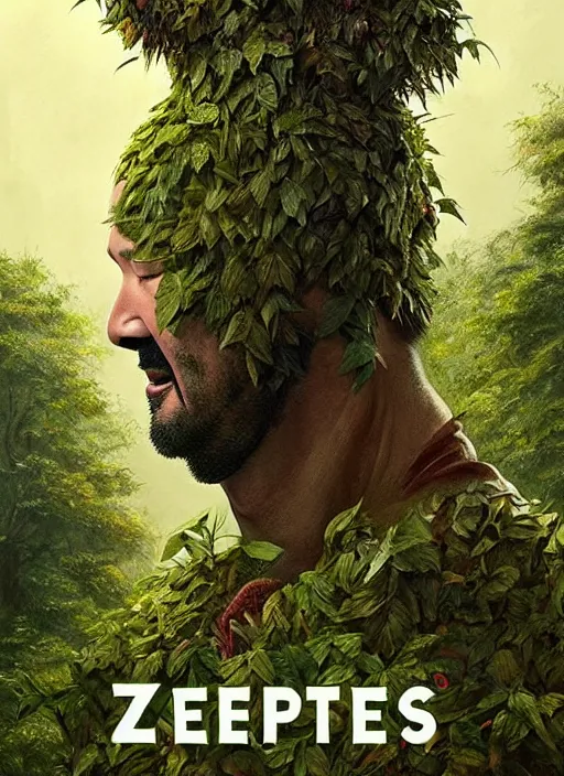 Image similar to highly detailed comedy caper movie poster with silly wacky zany keanu reeves as a sentient pile of leaves, keanu reeves green face as tree sentient leafy bush by greg rutkowski, masterpiece, really funny, 1 0 / 1 0 comedy