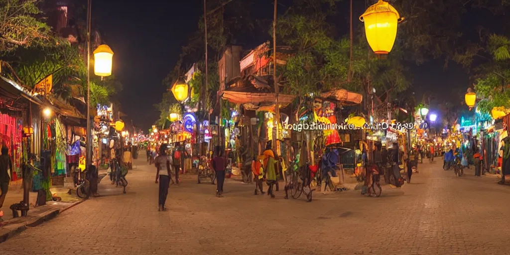 Prompt: african - asian walking street at night. savannah. there are glowing lanterns. street view