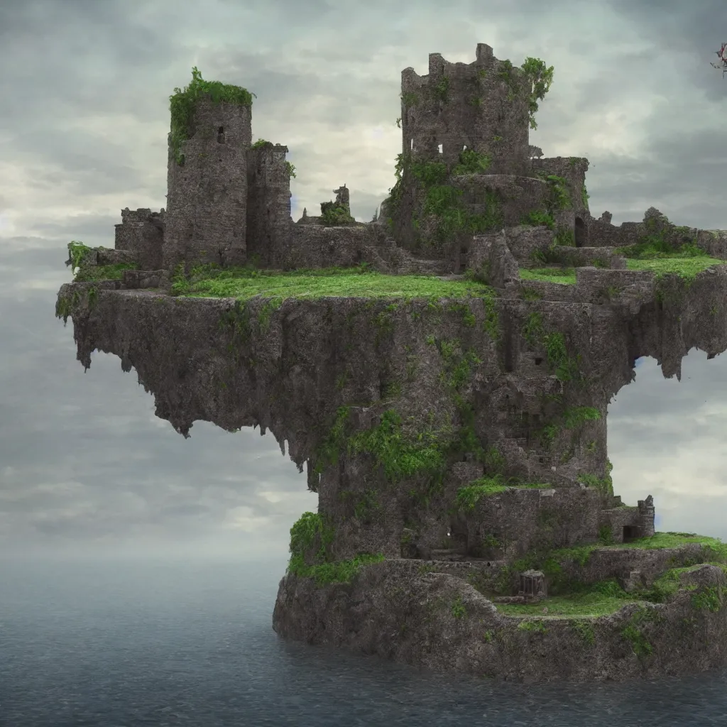 Prompt: ruined castle on a small island only reachable by a small land bridge, 8 k, ultra realistic cinematic, intricate, cinematic light, concept art, illustration, art station