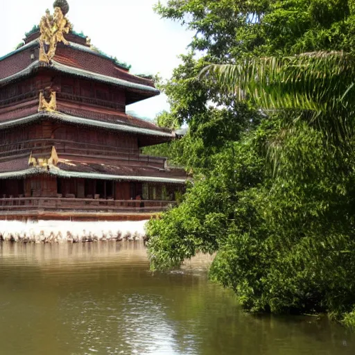 Prompt: large river with a large temple floating in the middle of it