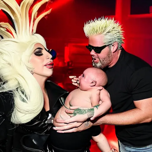 Image similar to lady gaga giving birth to guy fieri as a man baby