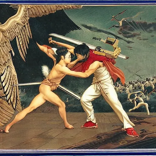 Image similar to an angel and a demon dressed as yakuza, battling for supremacy over earth with katanas and guns, by edward poynter
