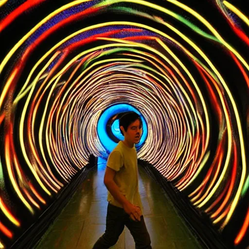 Image similar to terrified young man in a straightjacket running toward you in the Bund Sightseeing Tunnel, Shanghai, China by Alex Grey and Jeffrey Smith