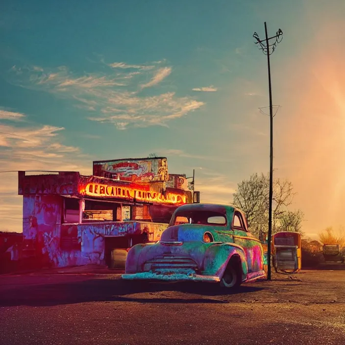 Image similar to a sunset light landscape with historical route 6 6, lots of sparkling details and sun ray ’ s, blinding backlight, smoke, volumetric lighting, colorful, octane, 3 5 mm, abandoned gas station, old rusty pickup - truck, beautiful epic colored reflections, very colorful heavenly, softlight