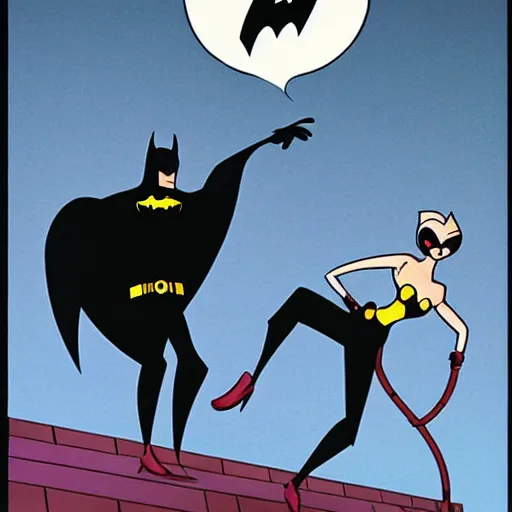 Image similar to batman the animated series, bruce timm, batman chasing catwoman on rooftop at night