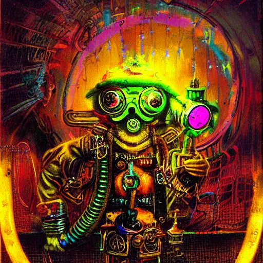 Image similar to steampunk rat, acid, 303, psychedelic, by paul lehr