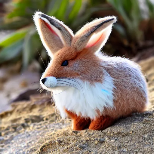 Image similar to a photorealistic adorable chubby fennic fox rabbit hybrid, wearing bows on its fuzzy ears, with a mischievous grin, happy lighting, at a tropical beach