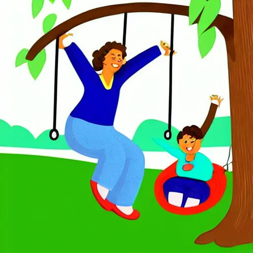 Image similar to a cartoon illustration of mom dad and kid who are shaped like a circle, pushing their kid on a tree swing. bold colors, indigo, mustardy yellow, pea green