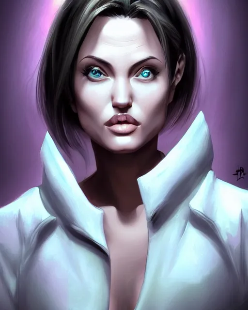 Image similar to capcom character, anime portrait of angelina jolie, highly detailed, digital painting, artstation, character, concept art, smooth