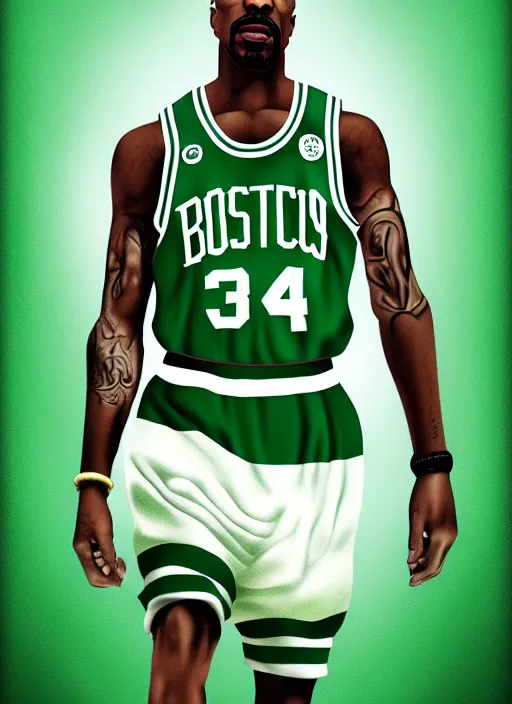 Image similar to portrait of tupac shakur, boston celtics jersey number 3 4, green, white, cartoon digital art, oil on canvas, trending on artstation, octane render