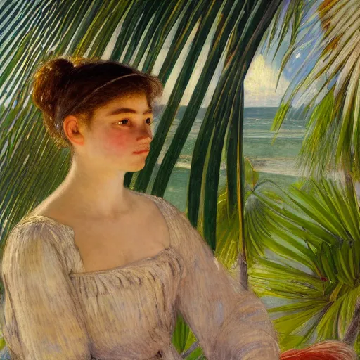 Image similar to a ultradetailed beautiful painting of a girl in the amazonas palace designed by jules bastien - lepage, hans belmer, frank weston and gustave baumann, beach, trending on artstation, mediterranean, palm trees, light sparkles, sharp focus, soft light, 8 k 4 k