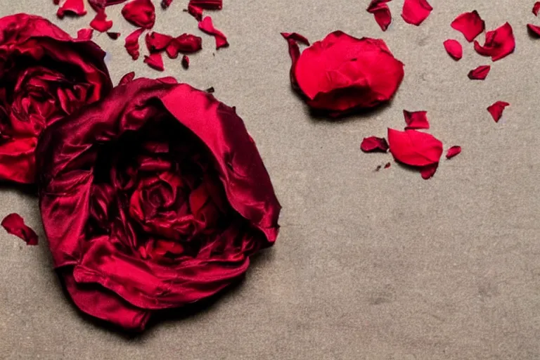 Prompt: a photo of black silk with red rose petals scattered around it, image apothecary, beautiful