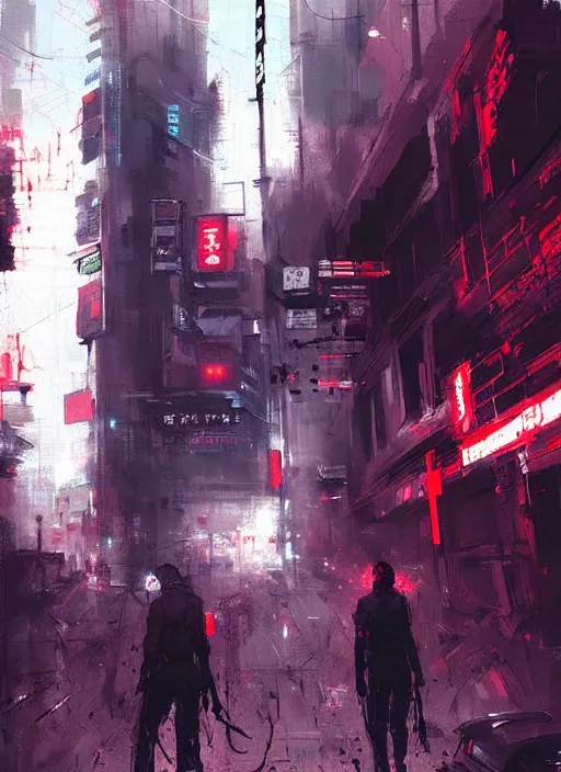 Prompt: horror art, terminators in shinjuku street, red cloud in the background, art by ismail inceoglu