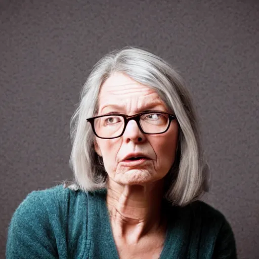 Image similar to realistic, portrait of a 55-years old woman not knowing what to say