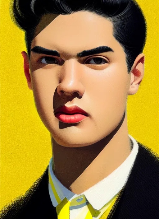 Image similar to portrait of young reggie mantle, mean smirk, egotistical, slicked back hair, striped yellow and black sweater, 1 9 5 0 s, intricate, elegant, glowing lights, highly detailed, digital painting, artstation, concept art, smooth, sharp focus, illustration, art by wlop, mars ravelo and greg rutkowski