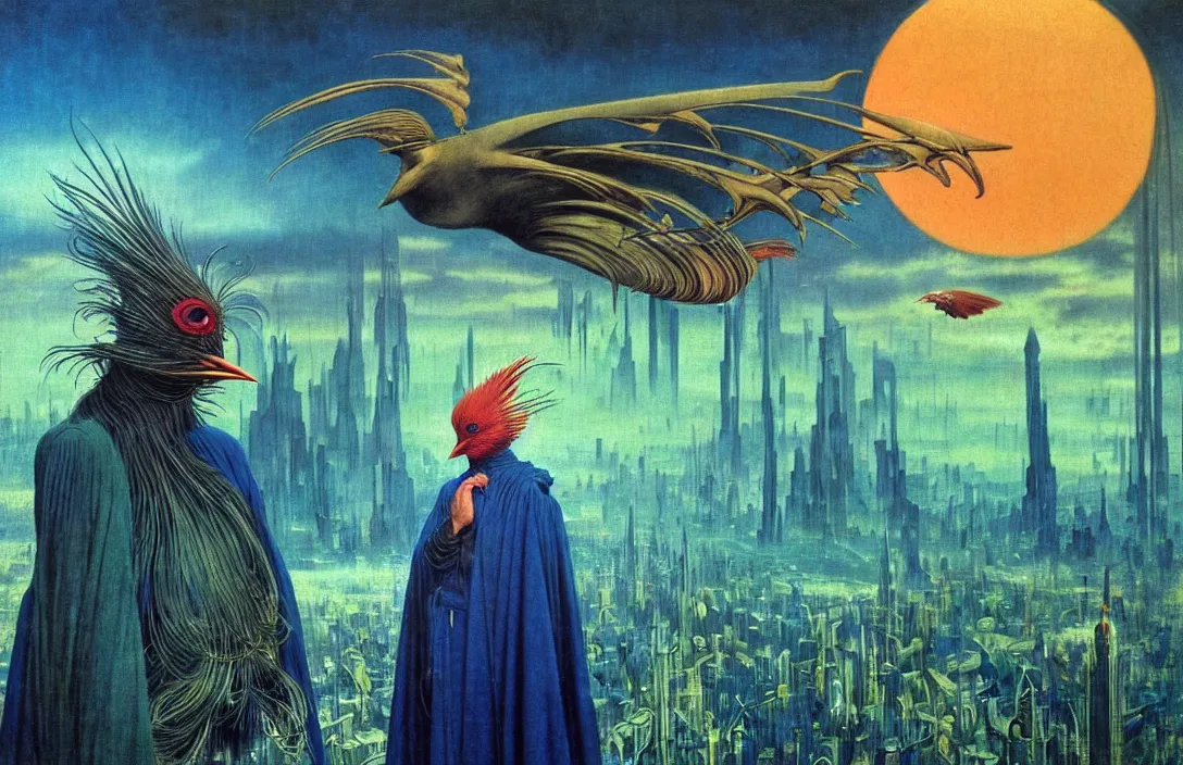 Image similar to realistic detailed portrait movie shot of a birdman wearing a dark robes, sci fi city landscape background by denis villeneuve, amano, yves tanguy, alphonse mucha, ernst haeckel, max ernst, roger dean, masterpiece, rich moody colours, dog teeth, blue eyes, sunset