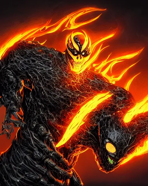 Image similar to ghost rider symbiote, dynamic lighting, fantasy concept art, trending on art station, stunning visuals, creative, cinematic, ultra detailed, comic strip style