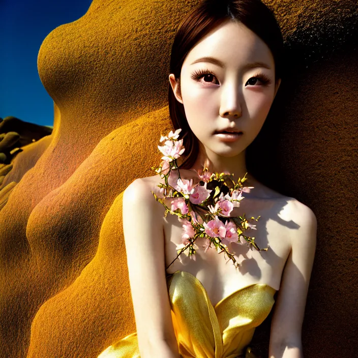 Image similar to Kodak Portra 400, 8K, soft light, volumetric lighting, highly detailed, Rena Nounen style 3/4 ,portrait photo of a Japanese ravishing Goddess by WLOP, the face emerges from a lava flowing gold travertine terraces with lotus flowers, inspired by Ophelia paint , a beautiful chic dress and hair are intricate with highly detailed realistic beautiful flowers , Realistic, Refined, Highly Detailed, ethereal lighting colors scheme, outdoor fine art photography, Hyper realistic, photo realistic