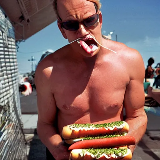 Image similar to cyborg dril eating hot dogs, photograph