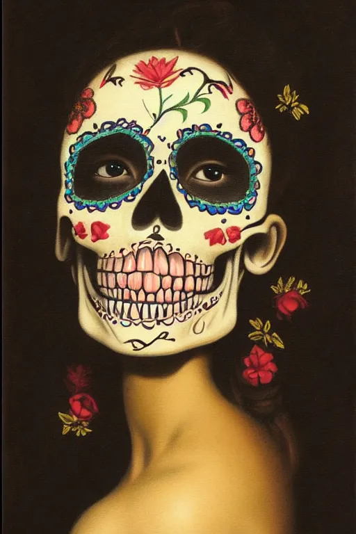 Image similar to illustration of a sugar skull day of the dead girl, art by martin johnson heade