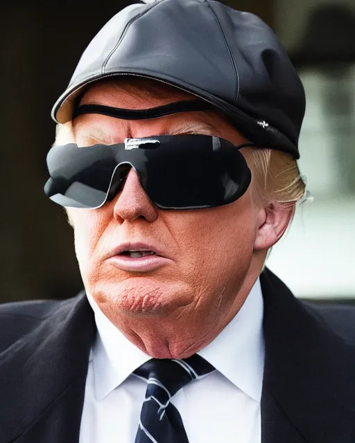 Image similar to headshot of donald trump wearing a leather cap and aviator goggles, he is also wearing an a 2 flight jacket, a long white scarf is wrapped around his neck, he has a 5 o'clock shadow, a crazed angry look on his face