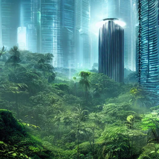 Image similar to an expansive view of a futuristic containment building in a rainforest valley with a futuristic city in the distance, tropical, national geographic, hyper realistic, 4 k, hazy light