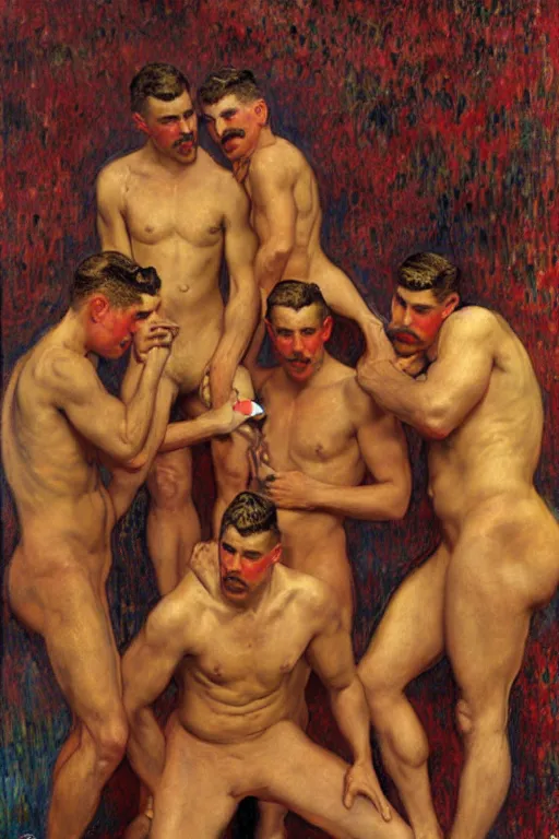 Image similar to attractive male firefighters of boston, painting by tom of finland, gaston bussiere, craig mullins, j. c. leyendecker, claude monet