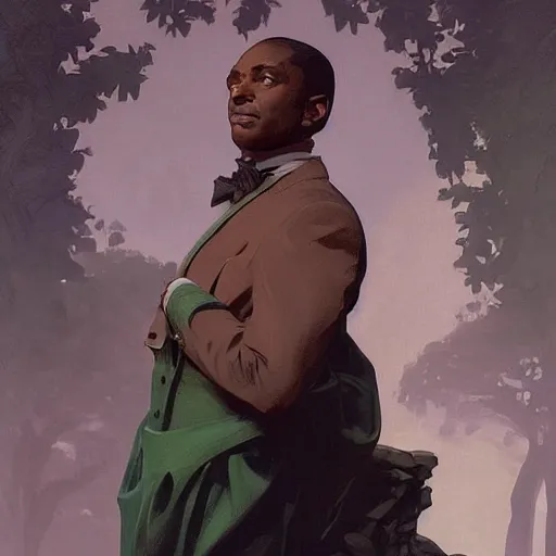 Prompt: portrait of a black leyendecker man with green trees in the background, devious, intricate, elegant, highly detailed, digital painting, artstation, concept art, smooth, sharp focus, illustration, art by artgerm and greg rutkowski and alphonse mucha and william - adolphe bouguereau