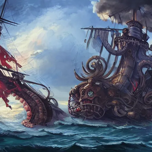 Prompt: kraken crushing pirate ship under sunny skies, trending on artstation, ultra fine detailed, hyper detailed, hd, concept art, digital painting