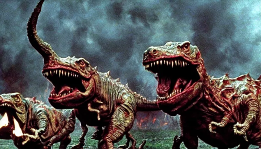 Prompt: full - color cinematic movie still from a 1 9 9 3 blockbuster film by steven spielberg in the style of jurassic park but with horrific disturbing hellish monsters designed by guillermo del toro. highly - detailed ; photorealistic ; suspense ; horror.