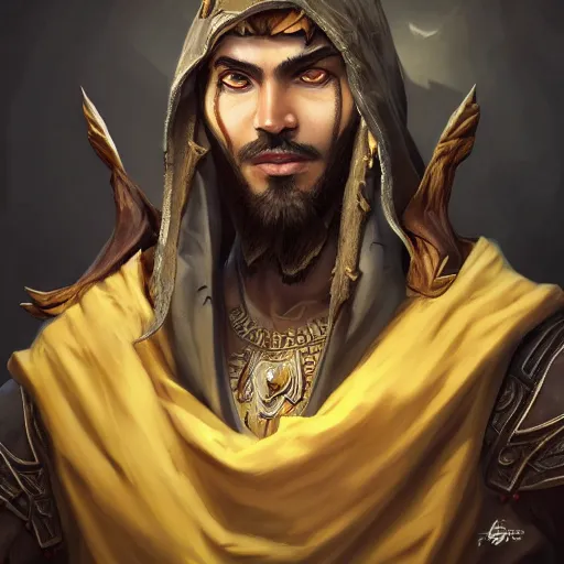 Image similar to portrait of young wild arabian nomad half werewolf, with yellow cloths, league of legends splash art, castlevania, hearthstone splash art, full body shot, rule of thirds, ultrafine hyperrealistic detailed face, artgerm, greg rutkowski, trending on artstation, 8 k, intricately detailed, highly detailed