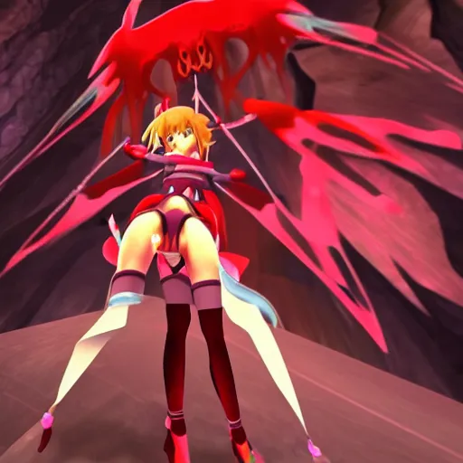 Prompt: flandre scarlet from touhou in metroid prime magmoor caverns, lava, cave