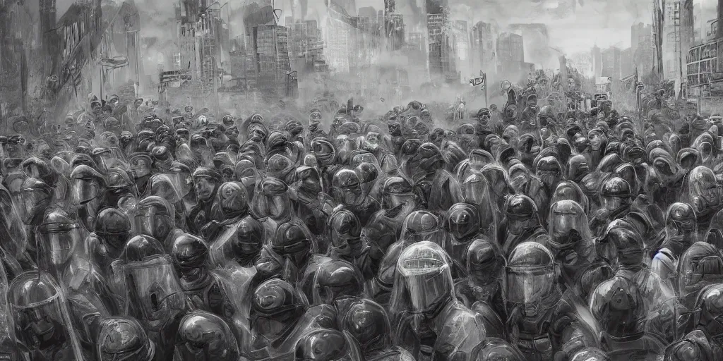 Image similar to few policemans lined up, standing against the protesters with blank posters, сlear sky, concept art, intricate details, highly professionally detailed,, highly detailed -