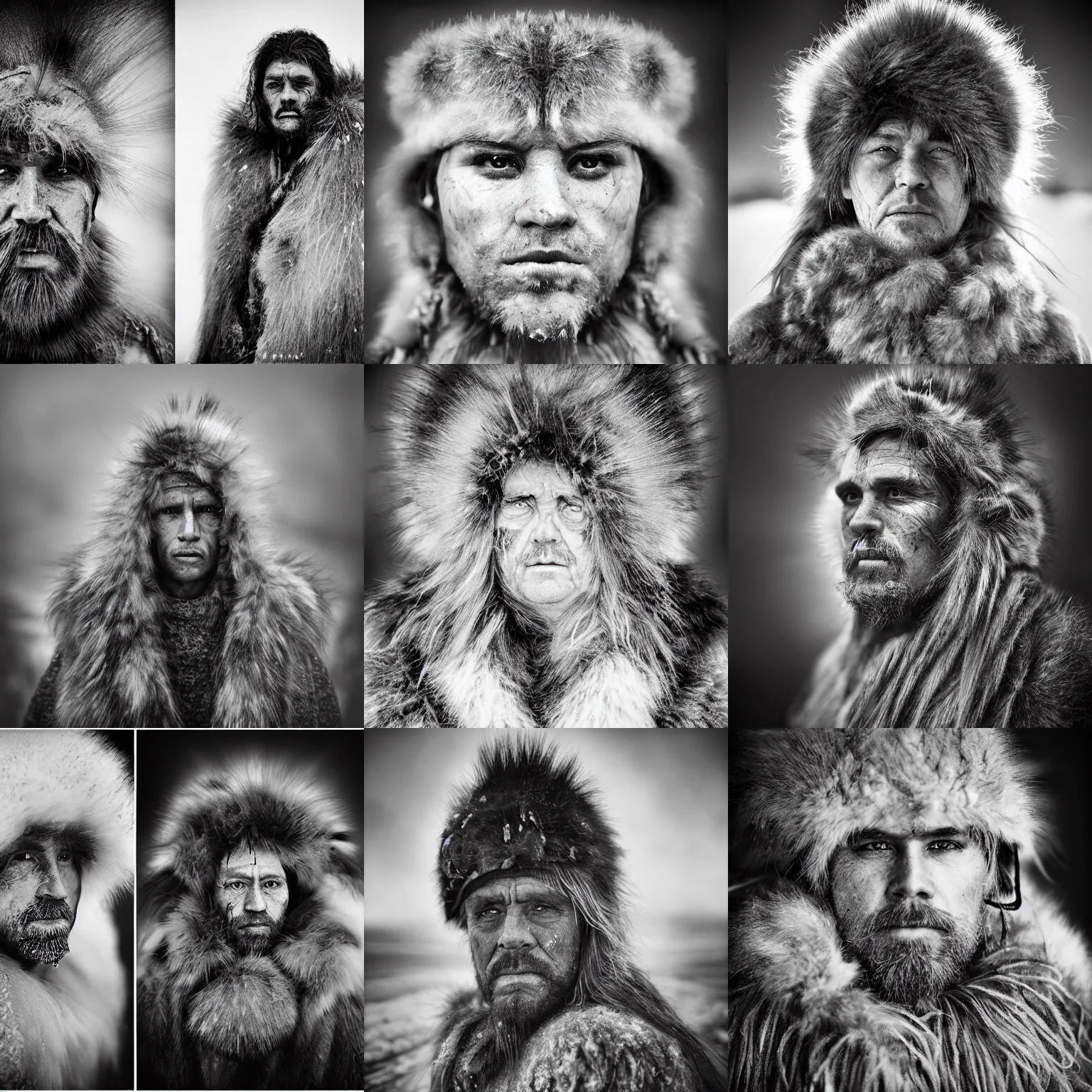 Prompt: Award Winning reportage Full-face Portrait of a Early-medieval weathered Inuits in the snow with incredible hair wearing animal furs and traditional garb by Lee Jeffries, 85mm ND 5, perfect lighting, gelatin silver process