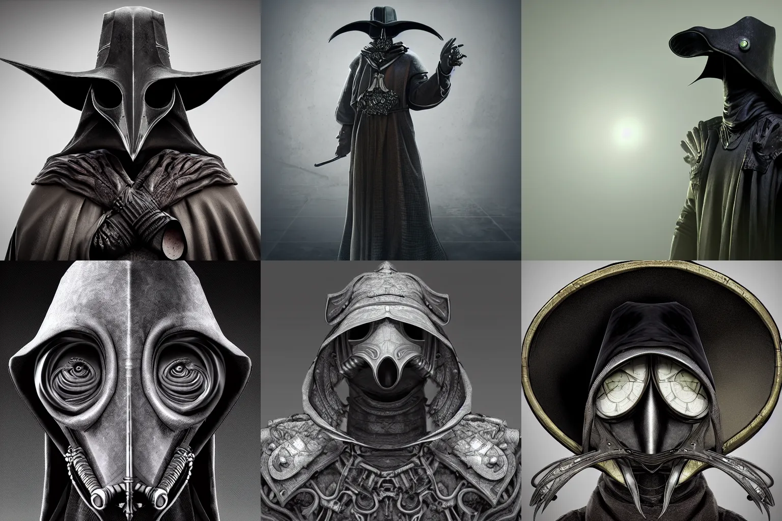 Prompt: a beautiful portrait of a futuristic plague doctor, posing, symmetrical composition, centred composition, black Filigree armour, mid view, very detailed render, very realistic render, elegant render, rendered in unreal engine and cryengine