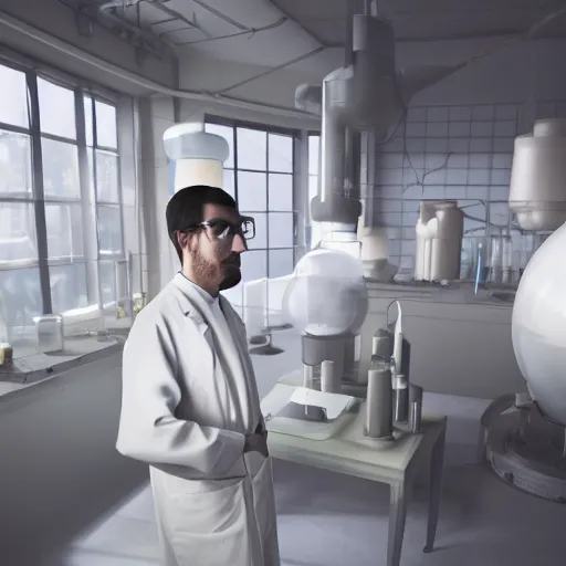 Image similar to muted colors, enlightenment era, 3 d octane render, unreal engine, realistic, and young scientist! standing in his laboratory observing a huge complex experiment!!, detailed, volumetric lighting