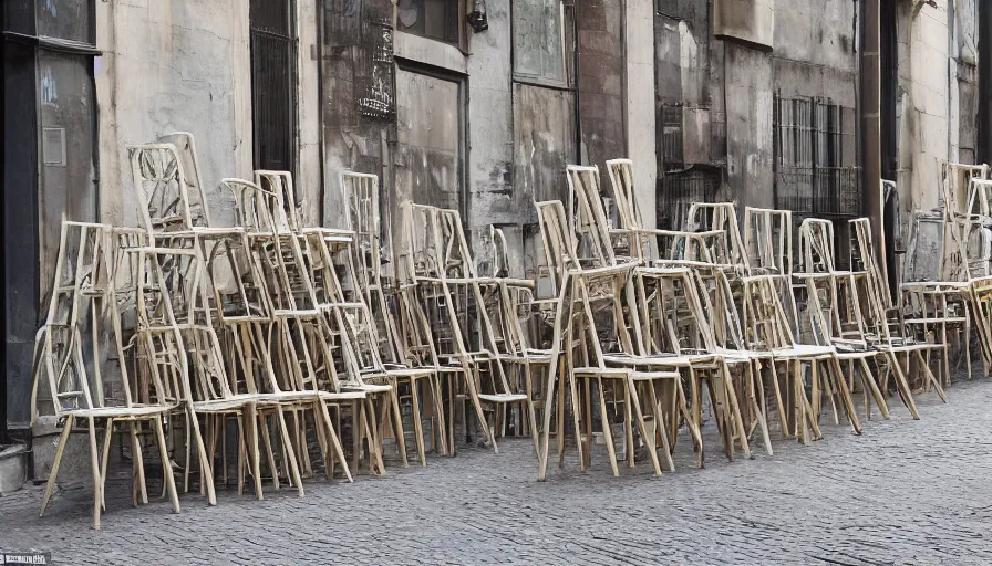 Image similar to chairs piled up ten meters high along the walls of the street, hyperrealistic shaded